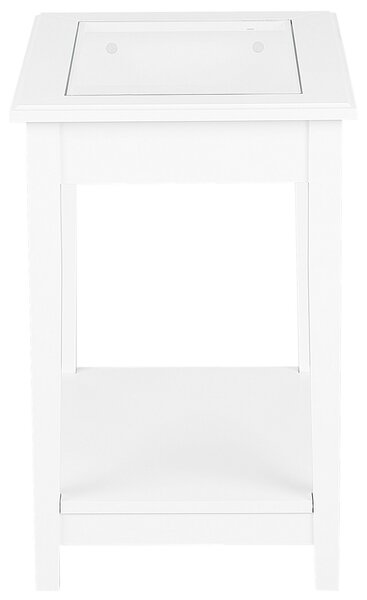 Odkladací stolík biely MDF 60 x 57 x 40 cm sklenená vrchná doska s policou nočný stolík moderný rustikálny štýl obývačka spálňa