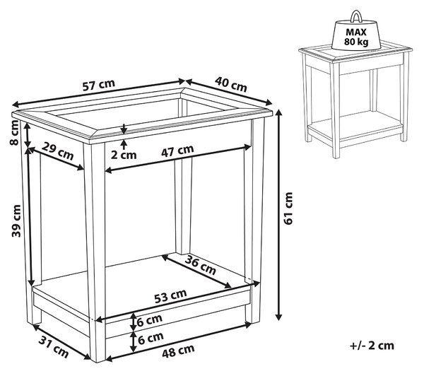 Odkladací stolík biely MDF 60 x 57 x 40 cm sklenená vrchná doska s policou nočný stolík moderný rustikálny štýl obývačka spálňa