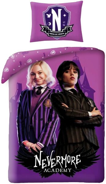 Posteľné obliečky z mikrovlákna Wednesday – motív Nevermore Academy - 140 × 200 cm + 70 × 90 cm - zip