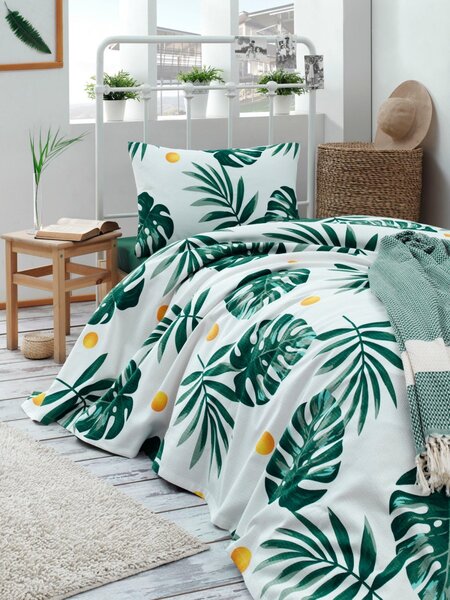 L'essentiel Bavlnený pique prehoz Monstera 160x235 cm zelený/biely