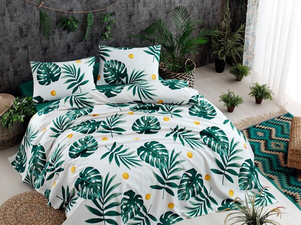 L'essentiel Bavlnený pique prehoz Monstera 200x235 cm zelený/biely