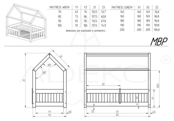 Domčeková detská posteľ z borovicového dreva 90x200 cm Mila MBP - Adeko