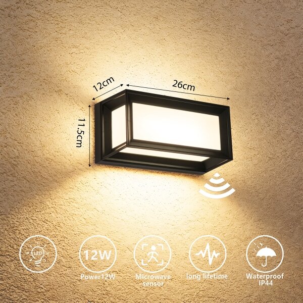 Brilagi - LED Vonkajšie nástenné svietidlo s pohybovým senzorom PARKER LED/12W/230V čierne IP44