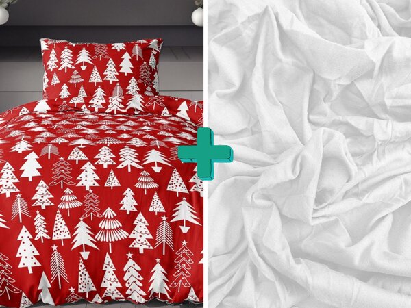 2x flanelové obliečky CHRISTMAS TREES červené + jersey plachta EXCLUSIVE biela 180 x 200 cm