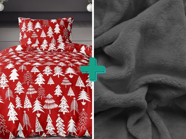 Flanelové obliečky CHRISTMAS TREES červené + plachta mikroplyš SOFT 90x200 cm tmavosivá