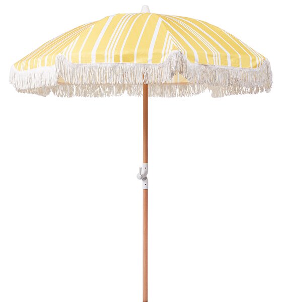 Záhradný slnečník žltý a biely polyester tyč z bukového dreva ⌀ 150 cm okrúhly retro dizajn nastaviteľný UV odolný