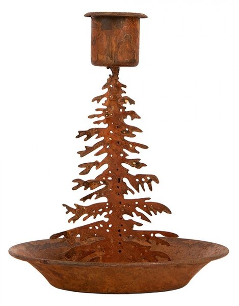 Hrdzavý rustikálny svietnik na úzku sviečku stromček Tree Rust - Ø 11*13 cm - Clayre & Eef