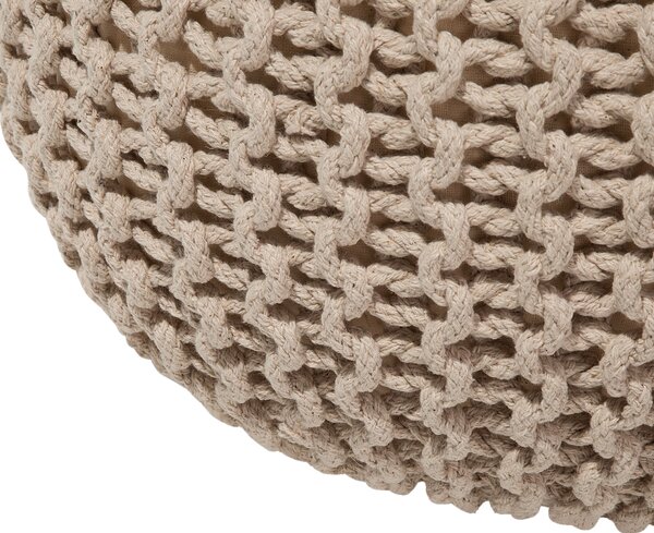 Puf taburetka béžová okrúhla bavlnená 40 x 25 cm pletená podnožka výplň z polystyrénového granulátu