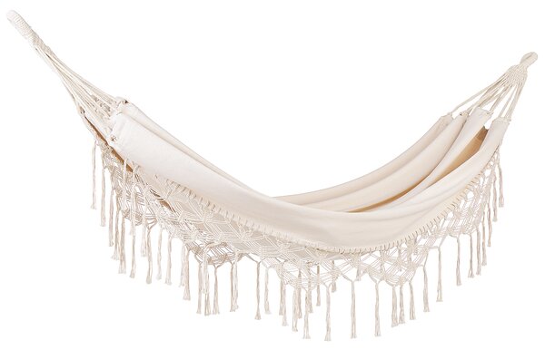 Záhradná hojdacia sieť béžová bavlna polyester hojdačka so strapcami boho štýl interiér exteriér