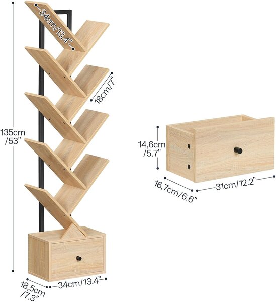 VASAGLE Dizajnová knižnica Marelo 135 cm hnedá/čierna