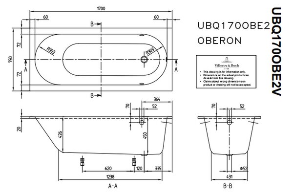 Villeroy & Boch Oberon Solo - Vaňa 1700x750 mm, alpská biela UBQ170OBE2V-01