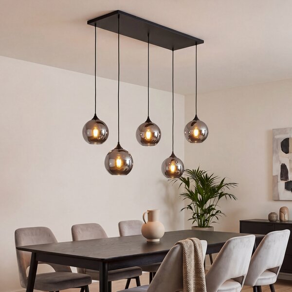 Art Deco závesná lampa čierna s dymovým sklom 5-svetiel - Wallace