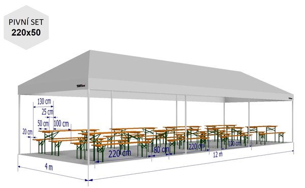 Nožnicový párty stan 4x12 m TENTino BIG HEXAGON EXTREME Farba opláštenia: 1A - BIELA