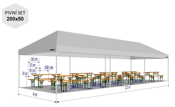 Nožnicový párty stan 4x12 m TENTino BIG HEXAGON EXTREME Farba opláštenia: 1A - BIELA