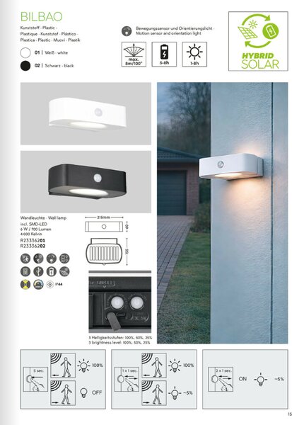 TRIO Reality R23336202 BILBAO solárne nástenné svietidlo so senzorom SMD LED 6W/700lm 4000K IP44 čierna, hybrid