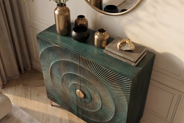 GOLDEN SUNSET 3D Komoda z masívneho mangového dreva, lakovaný tyrkysový, 120 cm