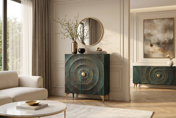 GOLDEN SUNSET 3D Komoda z masívneho mangového dreva, lakovaný tyrkysový, 120 cm