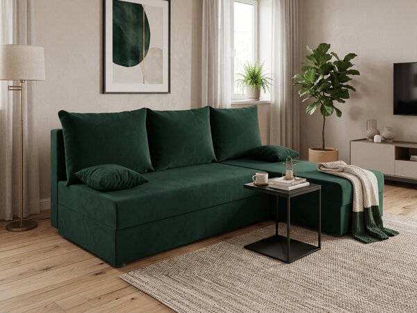 Rozkladacia obojstranná sedacia súprava do L VALERIO SLIM 200x140 cm, tmavozelená + 2 vankúšiky ZDARMA