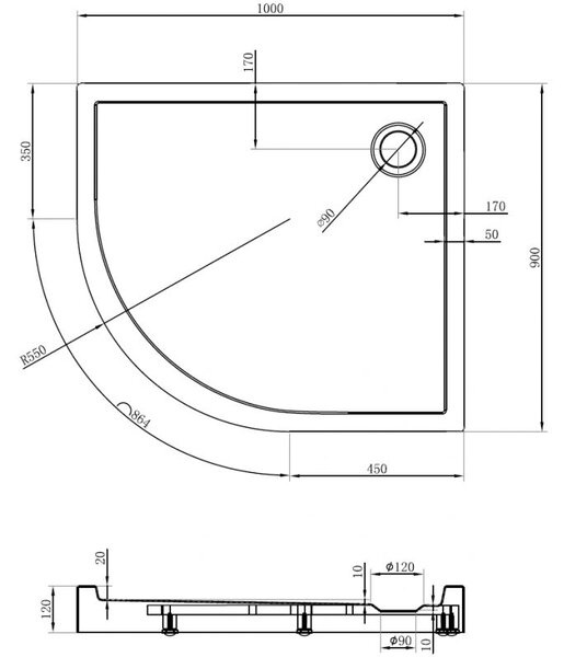 Mexen Flow+ asymetrický polkruhový sprchový kút pravý 100 x 90 cm, biely lesk - 46Q109010RH