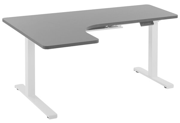 Čierny stôl rohový ľavostranný, 160 x 110 cm, elektricky výškovo nastaviteľný, biely oceľový rám, na sedenie a státie, moderný dizajn