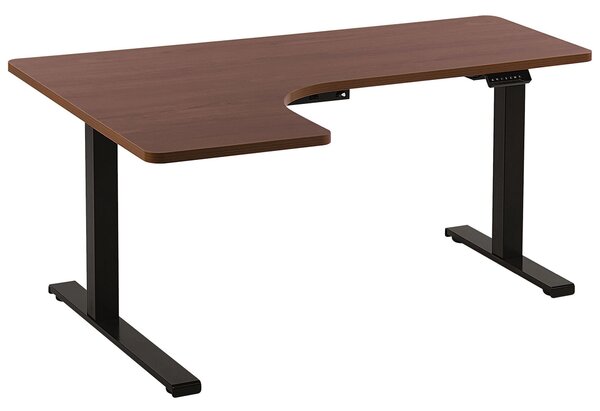 Výškovo nastaviteľný rohový písací stôl tmavé drevo čierny oceľový rám 160 x 110 cm elektrické nastavenie výšky moderná kancelária