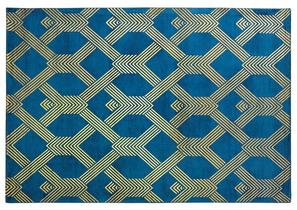 Koberec modrý so zlatým geometrickým vzorom viskóza s bavlnou 160 x 230 cm štýl moderný glamour