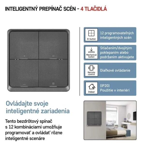 GoSmart Prenosný ovládač scén IP-2004ZB, ZigBee 3.0, 4-tlačidlový (H5016)