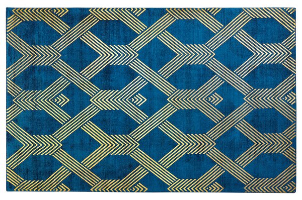 Koberec modrý so zlatým geometrickým vzorom viskóza s bavlnou 140 x 200 cm štýl moderný glamour