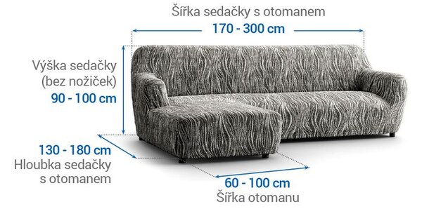 Bielastické poťahy UNIVERSO NOVÉ žíhané čiernobiele sedačka s otomanom vľavo (š. 170 - 300 cm)
