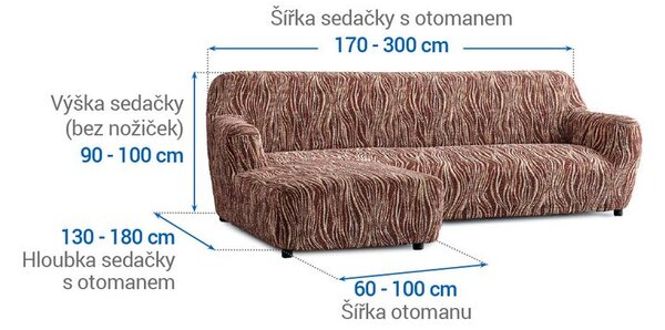 Bielastické poťahy UNIVERSO NOVÉ žíhané hnedé sedačka s otomanom vľavo (š. 170 - 300 cm)