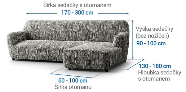 Bielastické poťahy UNIVERSO NOVÉ žíhané čiernobiele sedačka s otomanom vpravo (š. 170 - 300 cm)