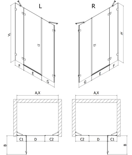 Mexen Lunar, ľavé otočné sprchové dvere 125 cm, 8mm číre sklo, ružové zlato profil, 834S-125-050-60-00-L