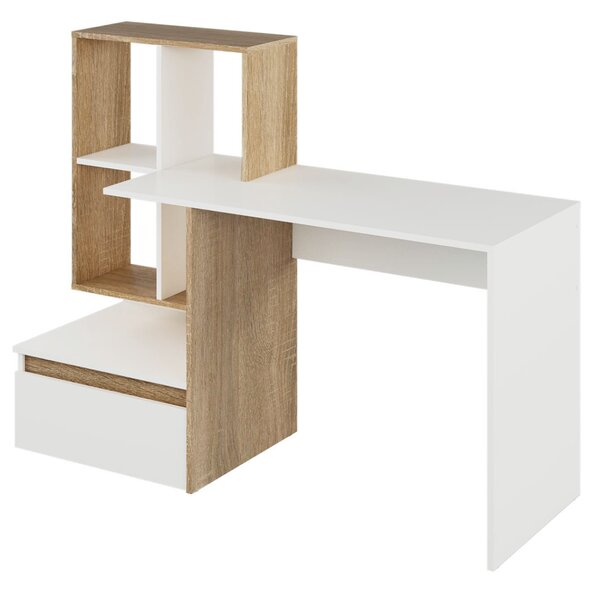 KONDELA PC stôl, biela/dub sonoma, EROSS NEW
