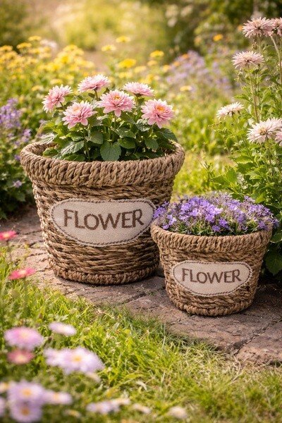 2ks pletený košík z morskej trávy Flower - Ø 16*13 / Ø 13*11 cm - Clayre & Eef