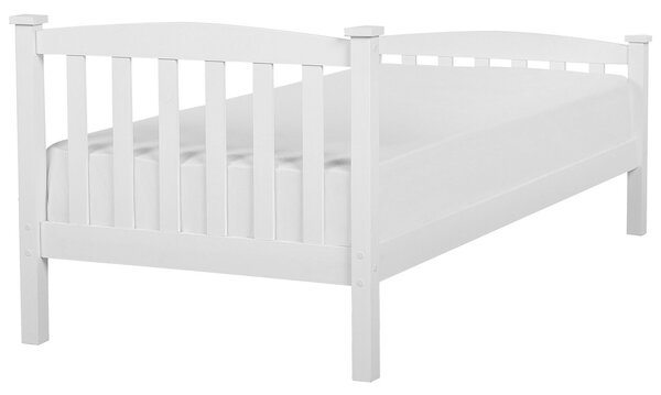 Drevená posteľ biela 90 x 200 cm rám postele s čelom a roštom minimalistický škandinávsky dizajn