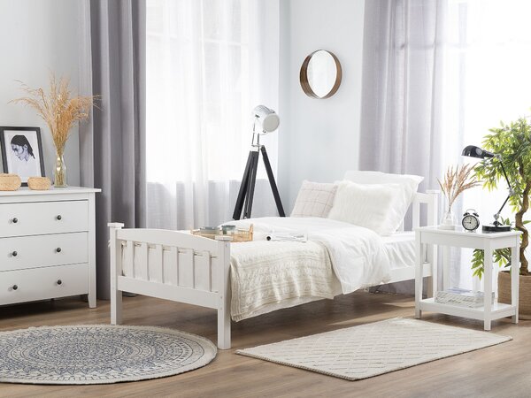 Drevená posteľ biela 90 x 200 cm rám postele s čelom a roštom minimalistický škandinávsky dizajn