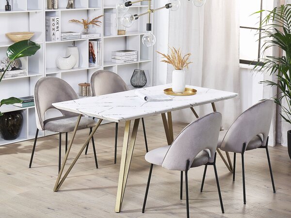 Jedálenský stôl biela a zlatá 150 x 80 cm MDF vrchná doska mramorový efekt kovové nohy glamour štýl kuchyňa jedáleň