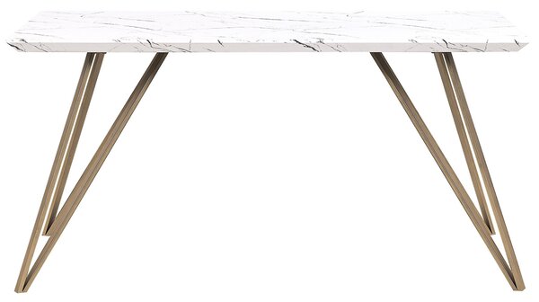 Jedálenský stôl biela a zlatá 150 x 80 cm MDF vrchná doska mramorový efekt kovové nohy glamour štýl kuchyňa jedáleň