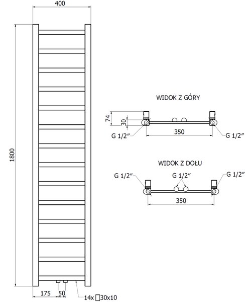 Mexen Bolt, vykurovacie teleso 1800 x 400 mm, 406 W, spodné a stredové, čierna, W126-1800-400-00-70