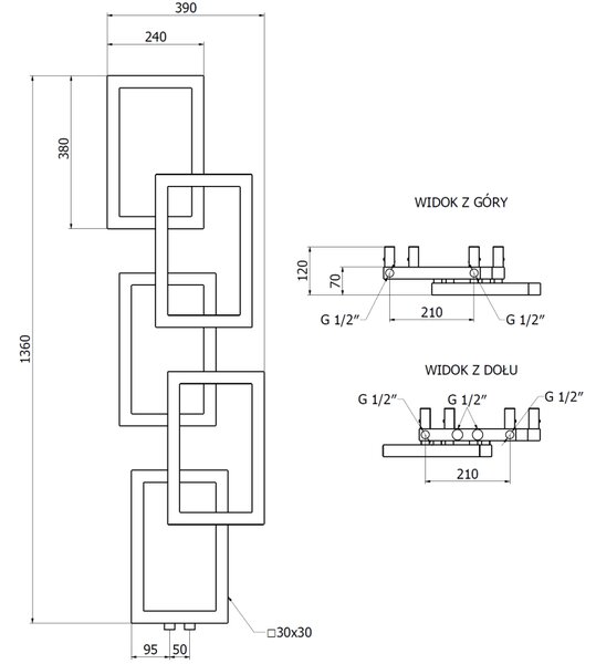Mexen Grid dekoratívny kúpeľňový radiátor 1360 x 390 mm, 349 W, čierny - W215-1360-390-00-70