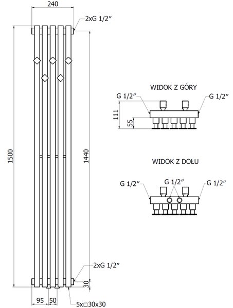 Mexen Flux dekoratívny kúpeľňový radiátor 1500 x 240 mm, 450 W, čierny - W127-1500-240-00-70