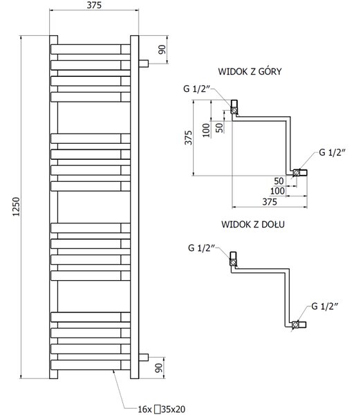 Mexen Loop, kúpeľňový radiátor 1250 x 375 mm, 666 W, čierna, W129-1250-350-00-70