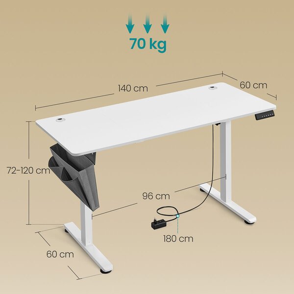 SONGMICS Elektricky nastaviteľný písací stôl Vasagle Foral 140 cm biely
