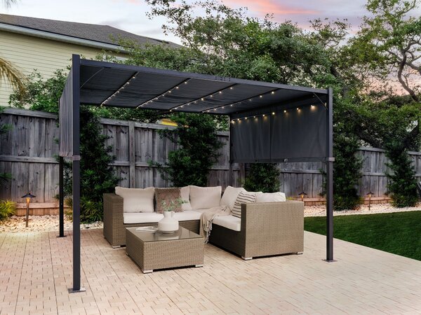 Pergola tmavosivý polyester oceľový rám 310 x 310 cm látkové tienidlo solárne LED svetlá záhradný prístrešok moderný štýl exteriér