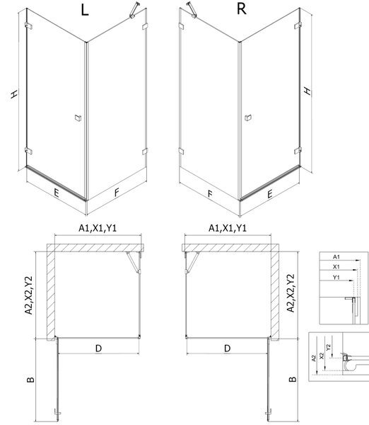 Mexen Lunar-B, pravostranný výklopný sprchový kút 70 x 70 cm, 8mm číre sklo, zlatý kartáčovaný - 832-070-070-55-00-P