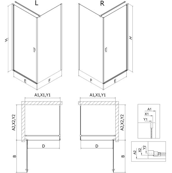 Mexen Mist-B, 1-krídlový výklopný sprchový kút, pravý, 90 x 70 cm, číre sklo-čierny rám, 8A2T-090-070-70-70-P