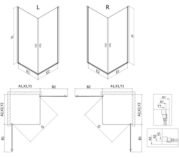 Mexen Mist-B Duo, 2-krídlový výklopný sprchový kút 70 x 70 cm, číre sklo-čierny rám, 8A2-070L-070P-70-70