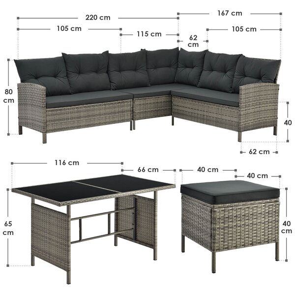 Záhradný ratanový set Manacor - sivý/antracit podušky