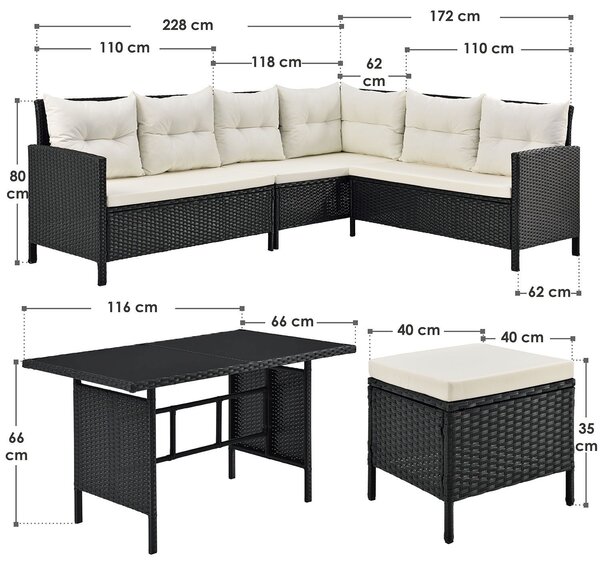 Záhradný ratanový set Manacor - čierny/krémové podušky