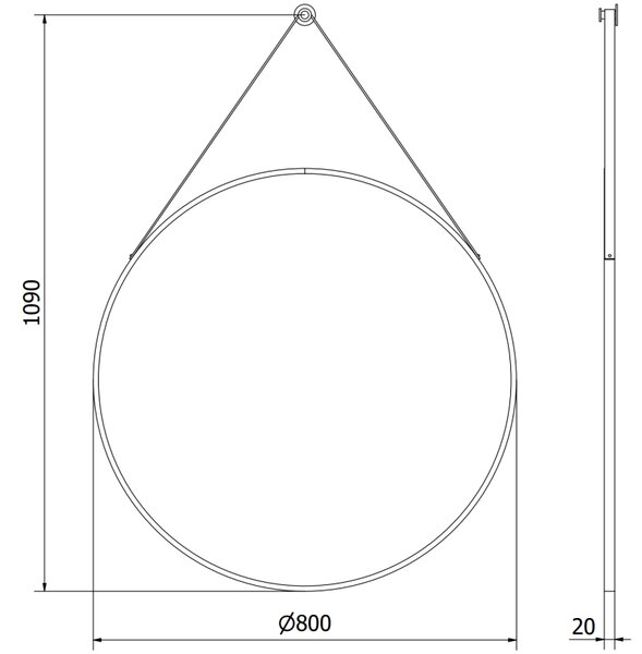 Mexen String, okrúhle kúpeľňové zrkadlo na pásiku 80 cm, farba rámu čierna matná, 9854-080-080-000-70